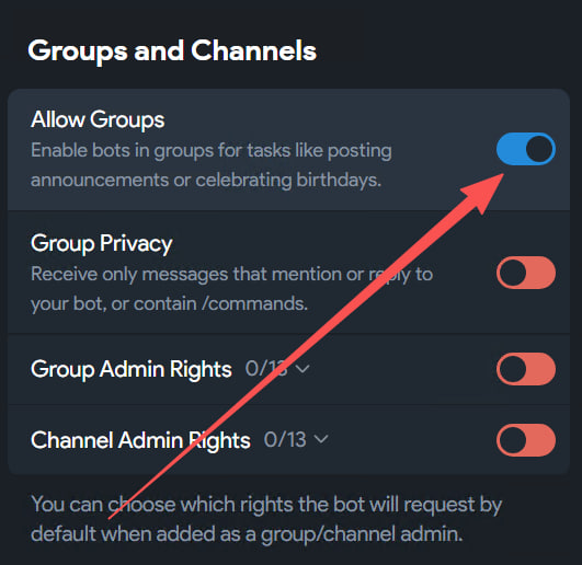 开启 Allow Groups 允许群组消息的示例截图